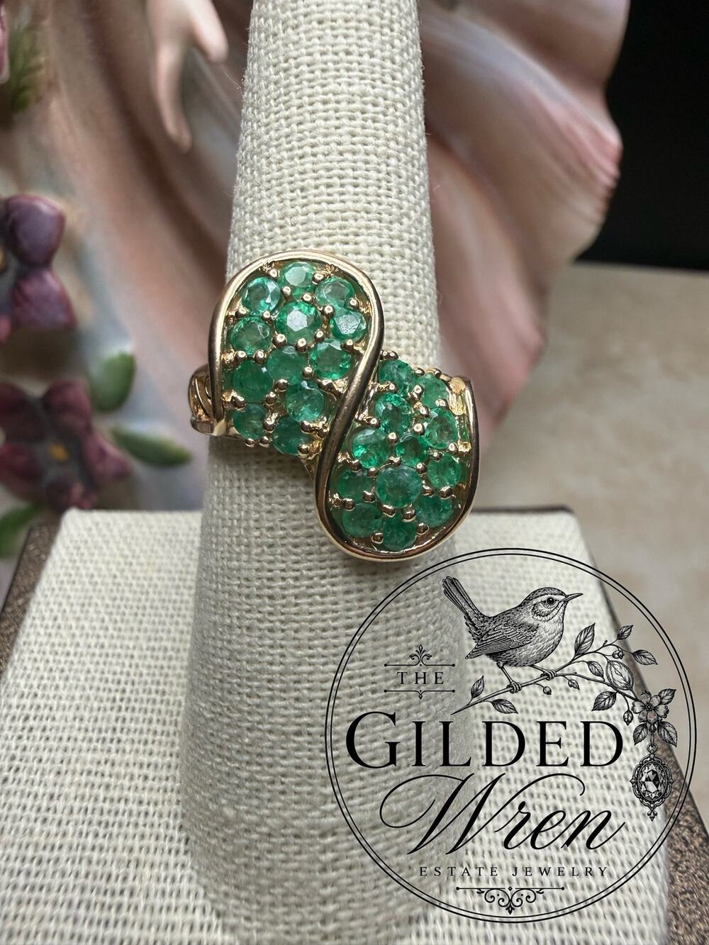 Vintage 10K Gold Natural Emerald Bypass Statement Ring Sz 7 Estate 4.40g